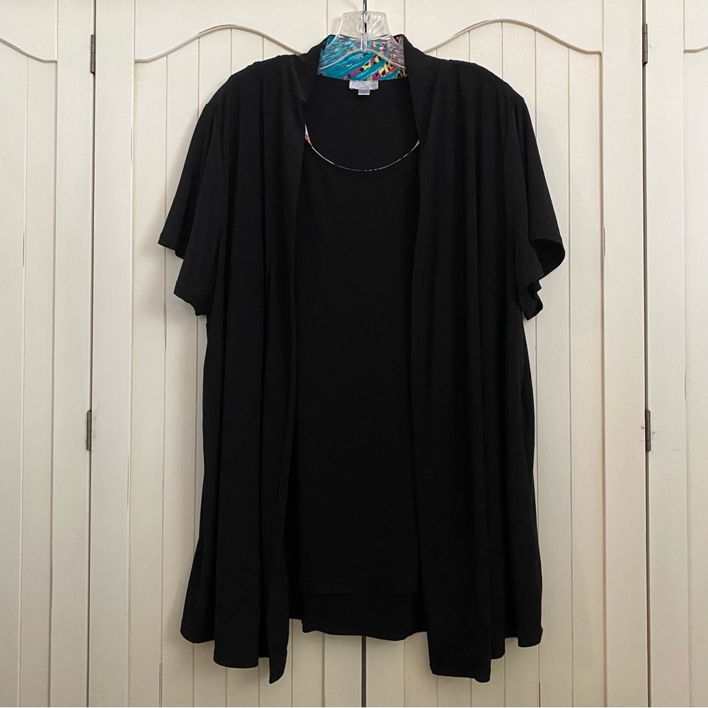 Avenue Cardigan/Tank Twinset Black Floral Accents Short Sleeve Draped 18/20